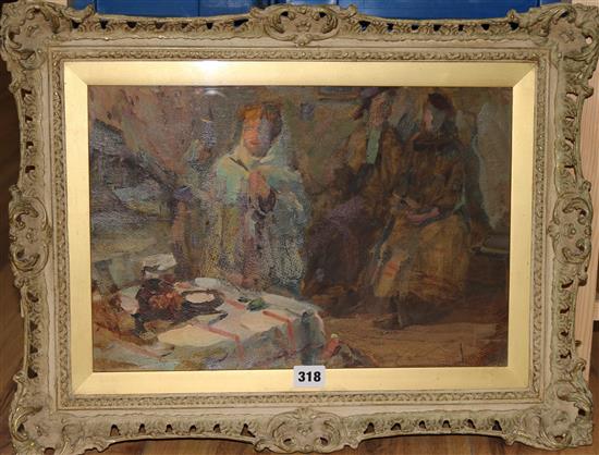 A Russian School - oil on canvas, interior scene with figures 27x40cm